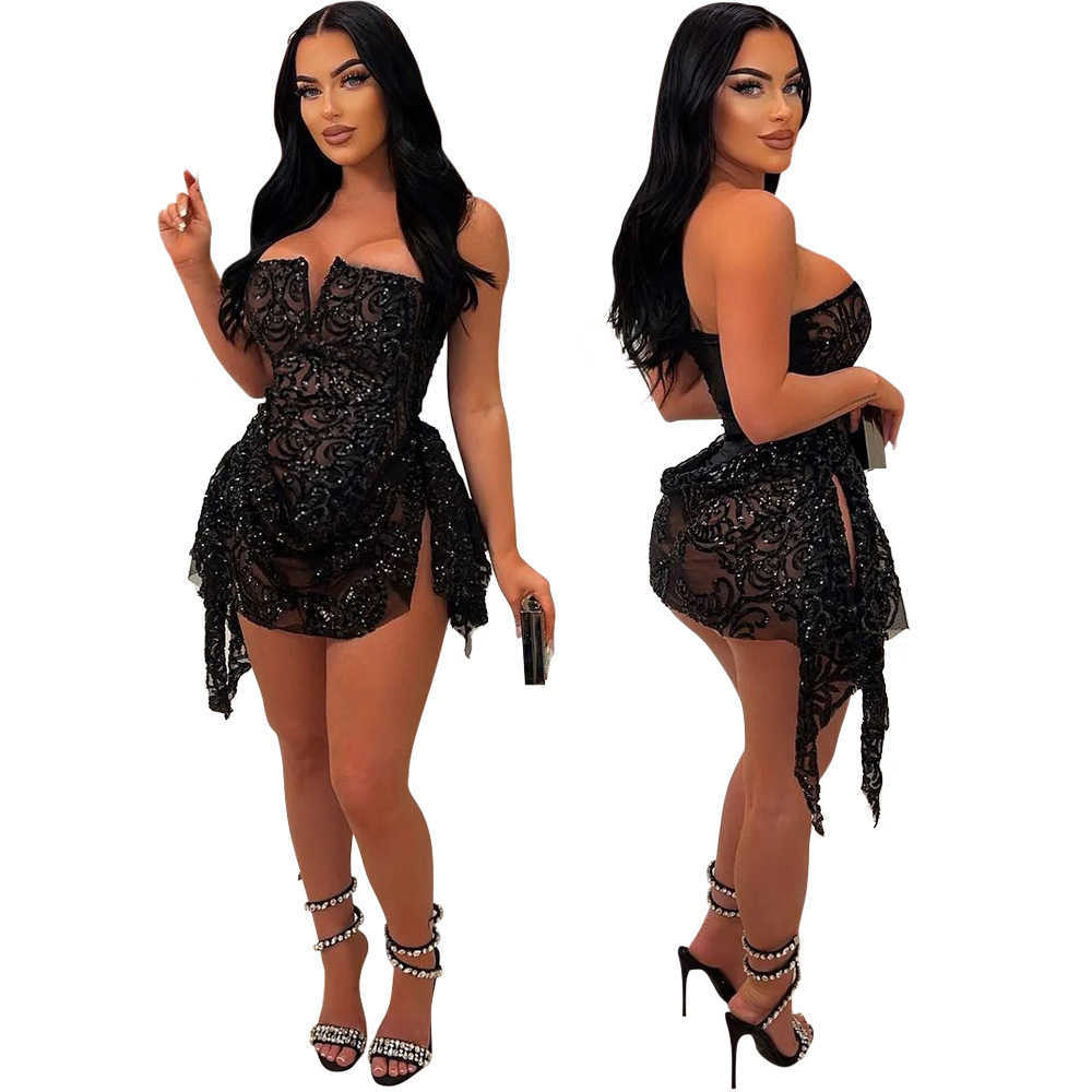 Urban Sexy Dresses CM.YAYA Women Strapless V-neck Fashion Sequined Sexy Dress Mesh S Through 2025 Summer Night Club Evening Party Mini Dresses Y241212