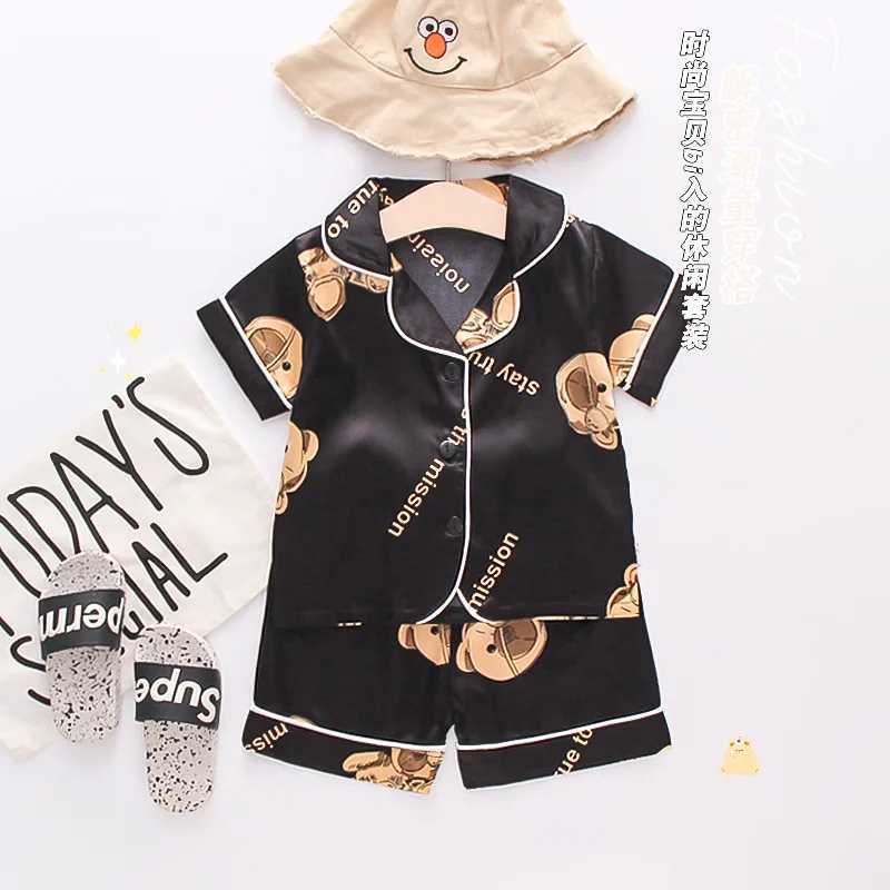 summer new cartoon suit boys and girls casual pajamas suit baby silk ice dinosaur short sleeve shorts housewear suit M250306