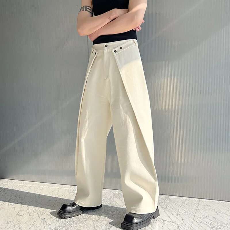 IEFB Men's Trousers Cut Loose Wide Leg Jeans New Solid Color Patchwork Baggy Denim Pants Korean Fashion Street 9A7433