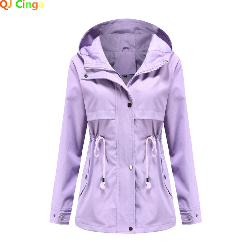 SpringAutumn Windbreaker Midlength Women Hooded Coat Waisttight Outdoor Raincoat Fashion Slim Womens Jacket 250306