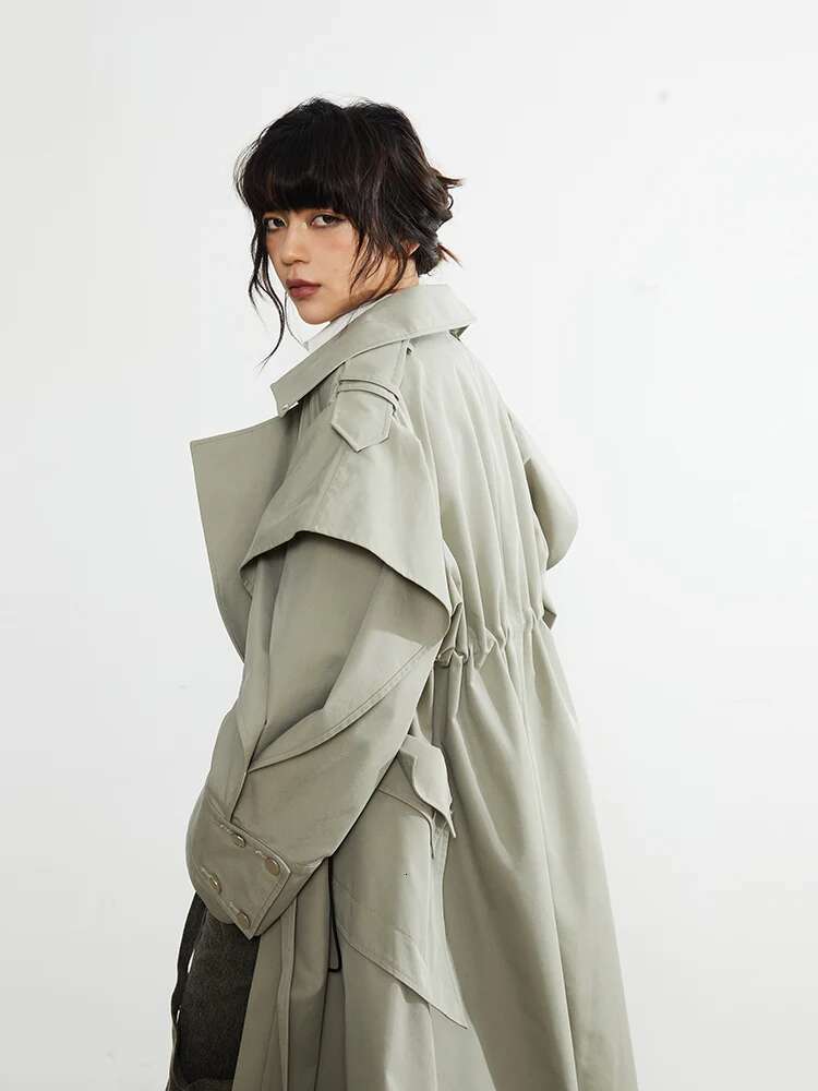 Plusizeshe Spring Autumn Long Elegant Chic Trench Coat For Women With Drawstring Waist Double Breasted Designer Clothes