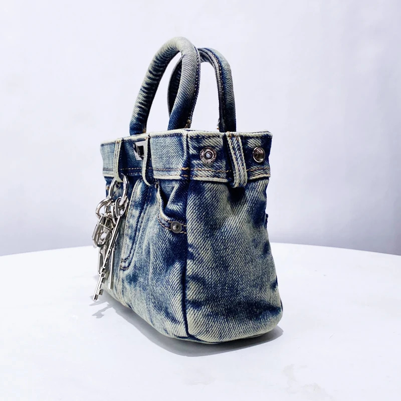 Lock Rivet Decoration Key Bags For Women Handbag Purses In Vintage Wash Water Denim Shoulder Crossbody 250306
