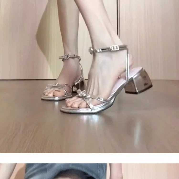 2025 New Summer Sandals Square Toe High Heel Block Heel Buckle Sexy Ornament Solid Color French Open Wens Shoes Bow Decorati Y250306