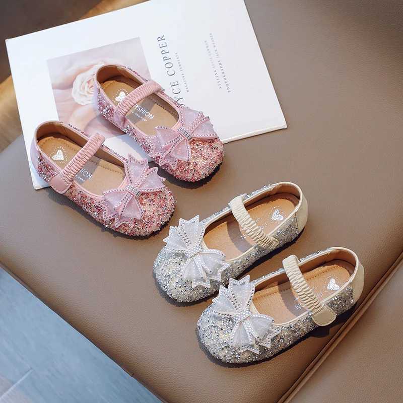 Girls Princess Shoes Pink Beige Crystal Glimmer Kids Flat Shoes Autumn Luxury Party Beautiful Hook-loop 23-35 Children ShoesT250306