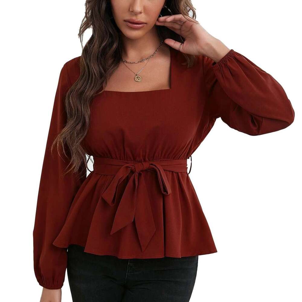 New Style Square Collar Elastic Waist With Lotus Leaf Edge Long Sleeve Women's Shirt Temperament Top KLMY