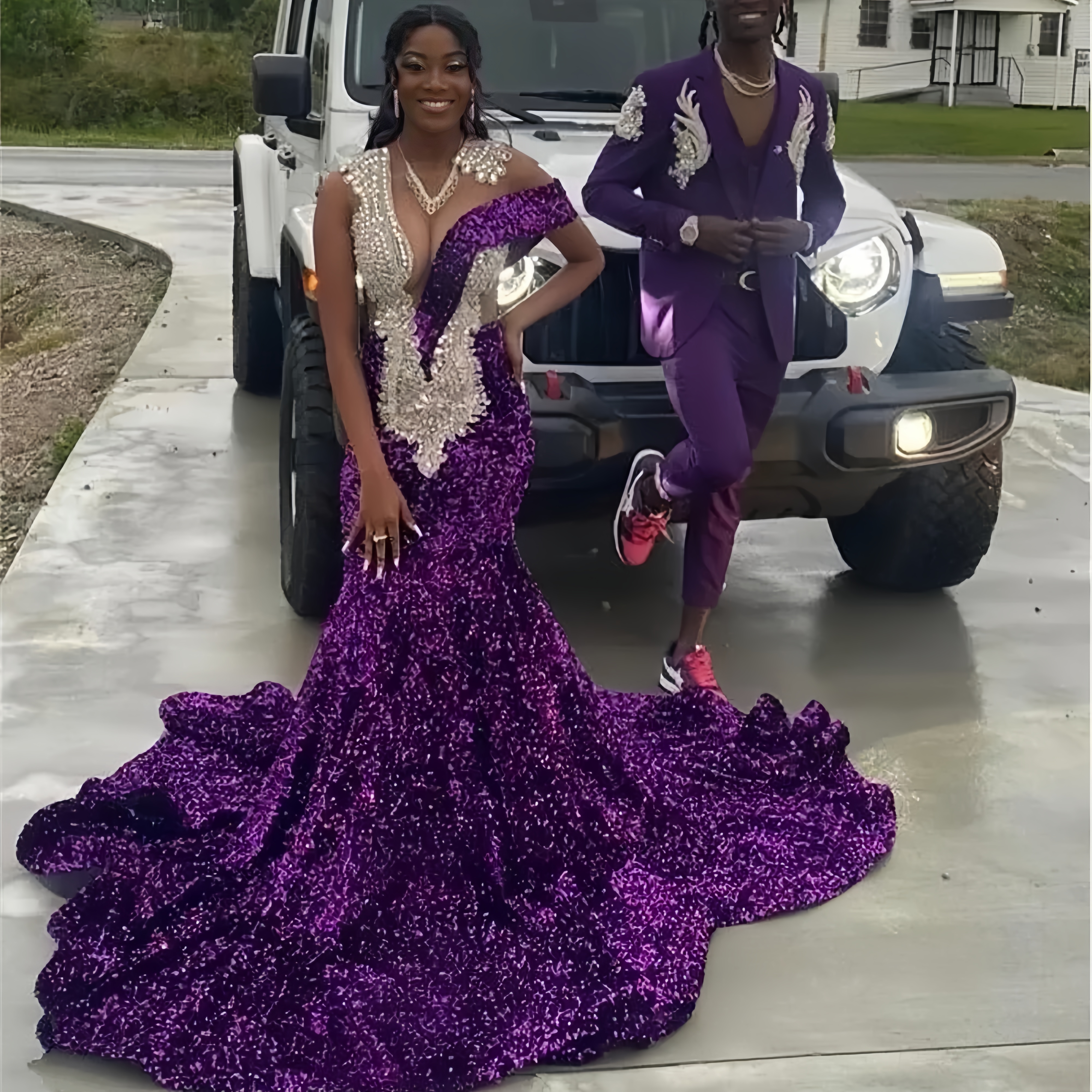 Sparkly Purple Sequined Mermaid Prom Dresses With Crystals Rhinestones Beaded Luxurious African Black Girls Special Occasion Dress Graduation Pageant 