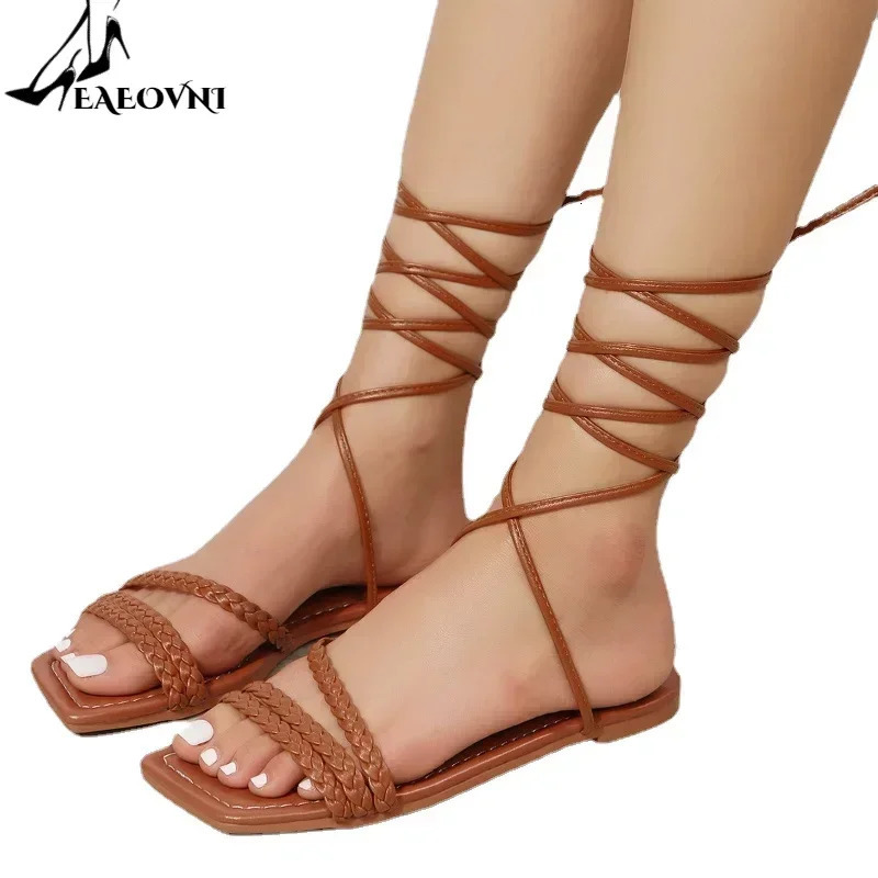 Shoes for Women Summer Fashion Open Toe Flat Sandals Sexy Solid Color Lace Up Beach Sandals for Women Zapatillas De Mujer 250306