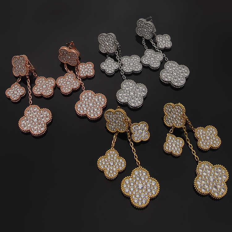 Dangle Chandelier Asian Gold Jewelry 4 Four Leaf Flower Full Diamond Ear Clap Earrings H250306