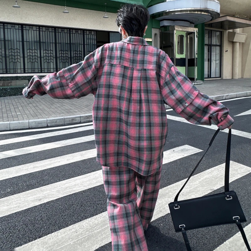LUZHEN Stylish Detachable Sleeve Plaid Printed Two-piece Sets Trendy Loose Straight Pants Mens Shirts LZ2424 250303