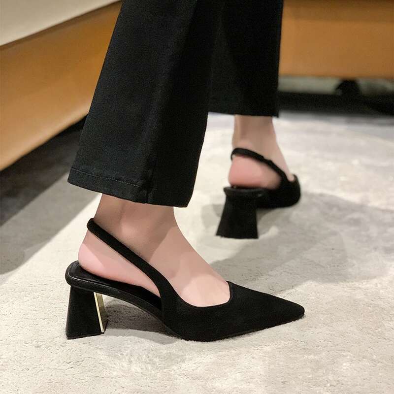 Black Summer New Fashion Women's Sandals Pointed Pumps Women Office Dress Sexy Square Heel High Shoes