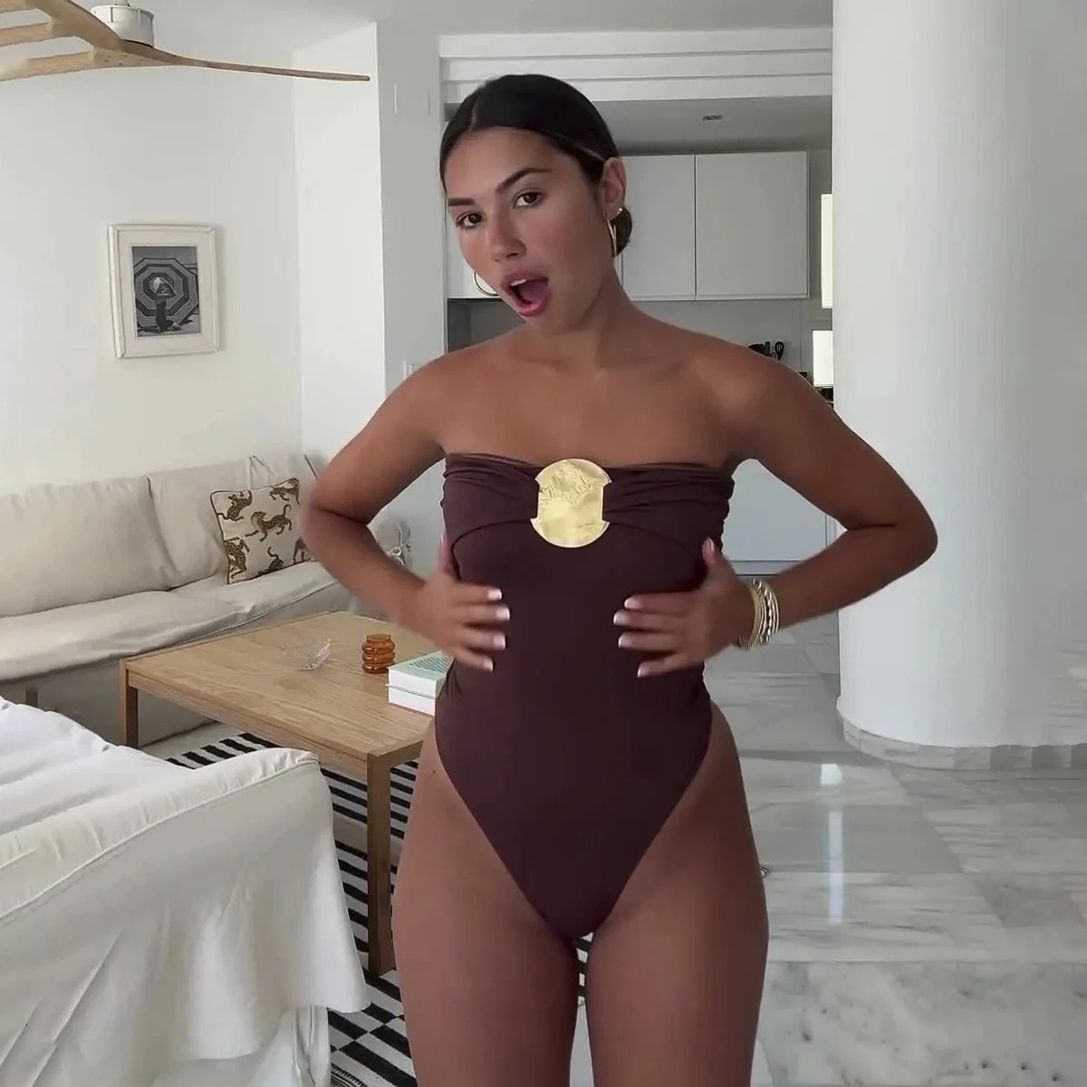 Sexy womens onepiece swimsuit Bandeau Monokini beach wear high waisted 250306