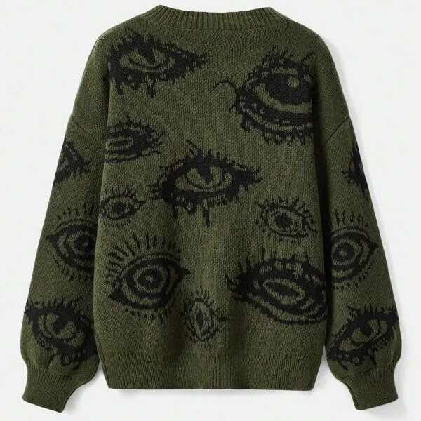 Personalized round neck long sleeved loose knitted sweater with jacquard pattern for winter warmth gift for man