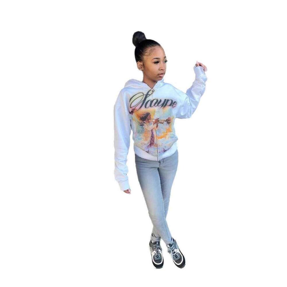 American oversized regular printed pattern zipper jacket casual versatile slimming sweatshirt
