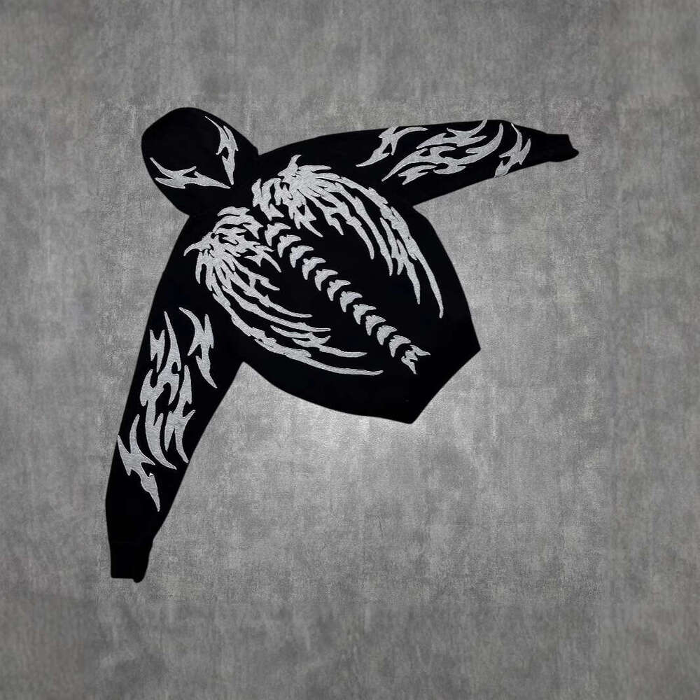Y2K Cool Tide Dark Night with Unique White Skull Embroidery Design Pattern Black Hoodie
