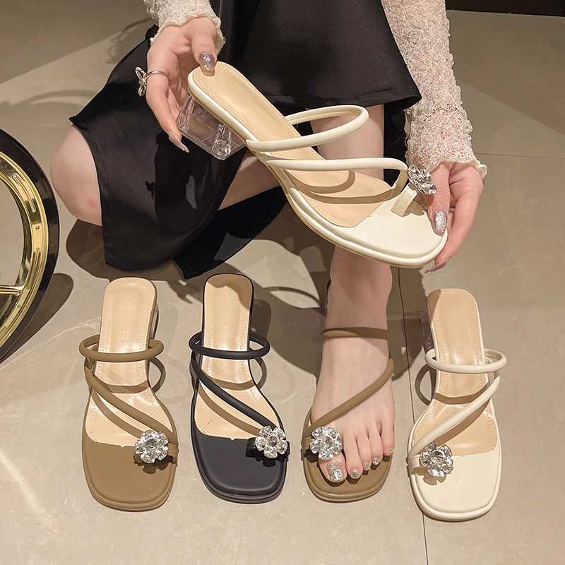 Wens Slippers Outdoor Crystal Heel Clip Toes Summer Soft Fabric High Ran Fi Wens Shoes Luxury Sandals Y250306