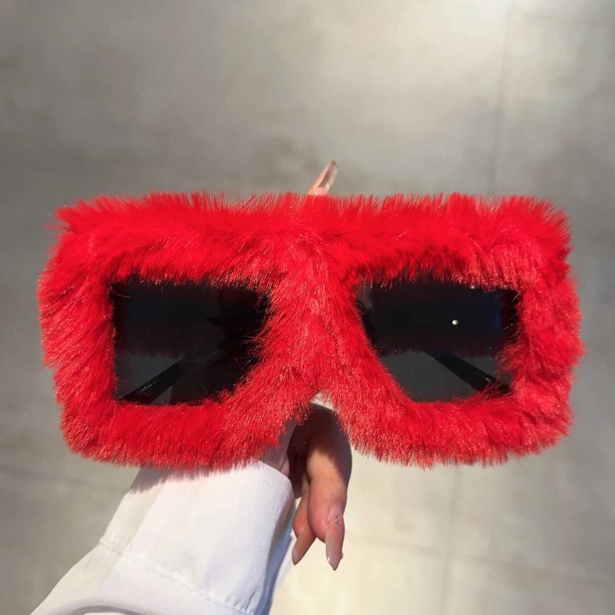 KAMMPT Oversized Plush Sunglasses Y2K Fluffy Square Punk Sun Glasses Trendy Novelty Decor Winter Shades for Christmas PartyXJ250306