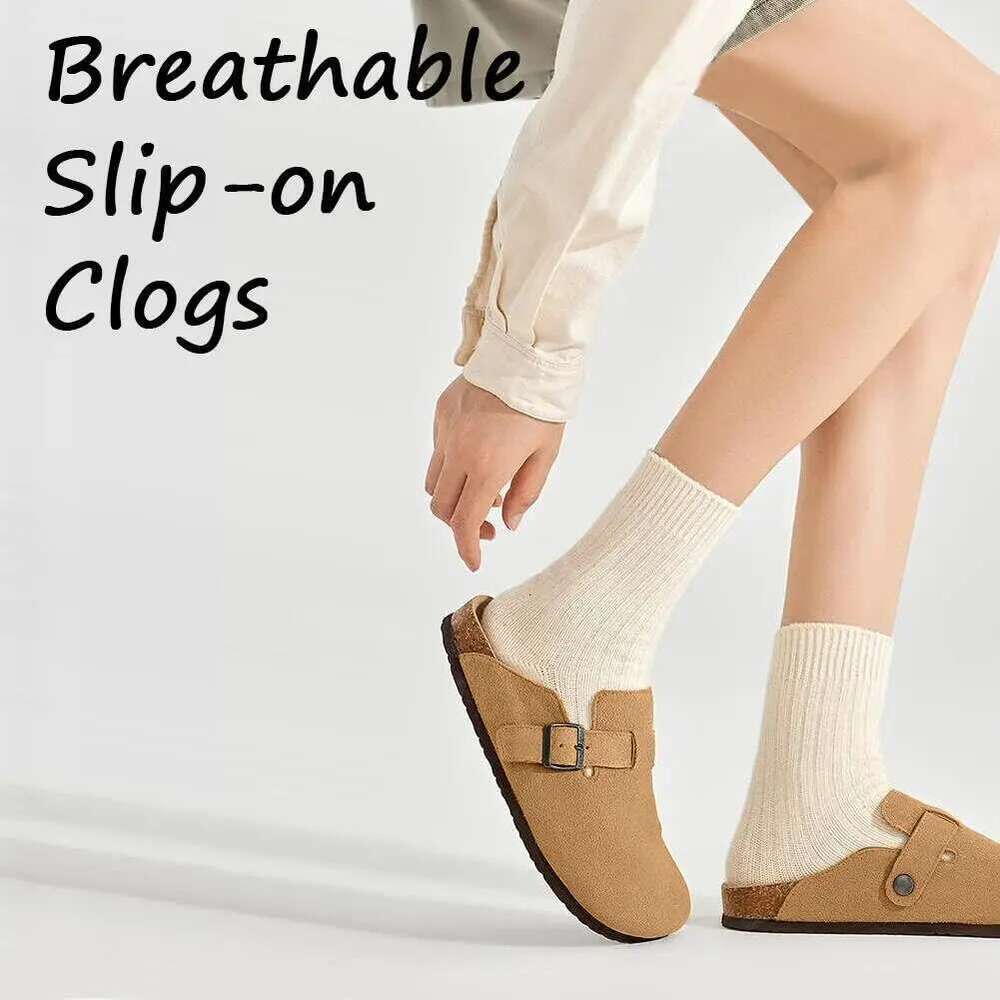 Bebealy Fashion Women New Suede Clogs Cork Footbed Beach Slippers Classic Men Mules With Arch Support