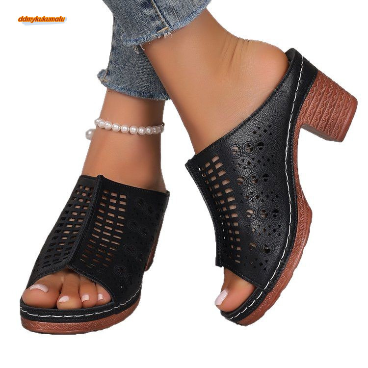 Printed Hollow Middle Heel Height Increasing Wind Fish Mouth Beach Sandals 2025 Summer New Shake Line Shoes #ddmykukumalu