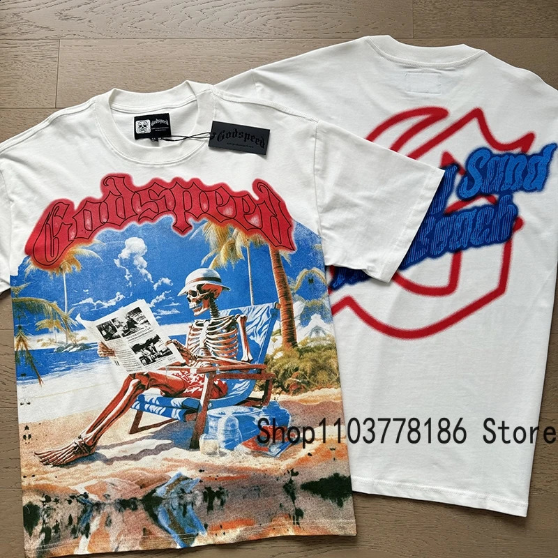 Classic White GOD SPEED T Shirts Letter Seaside Holiday Scenery Print Godspeed Short Sleeve Unisex Tees Tops 250305