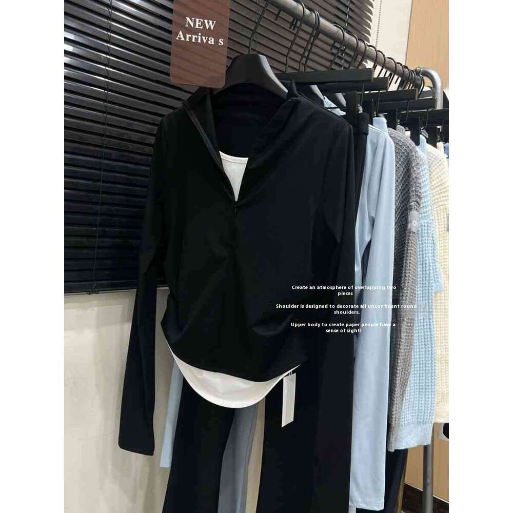 Spring New Yoga With Contrasting Color Fake Two-Piece Top Micro Flared Pants, Slim Fit And Slimming Casual Set