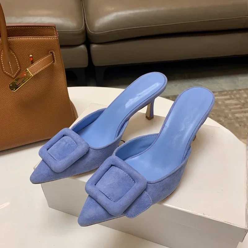 2024 New Mler Shoes Wens Shallow Mouth Pointed Toe Middle Heel Square Buckle Stiletto Baotou Wens Half Slippers Y250306