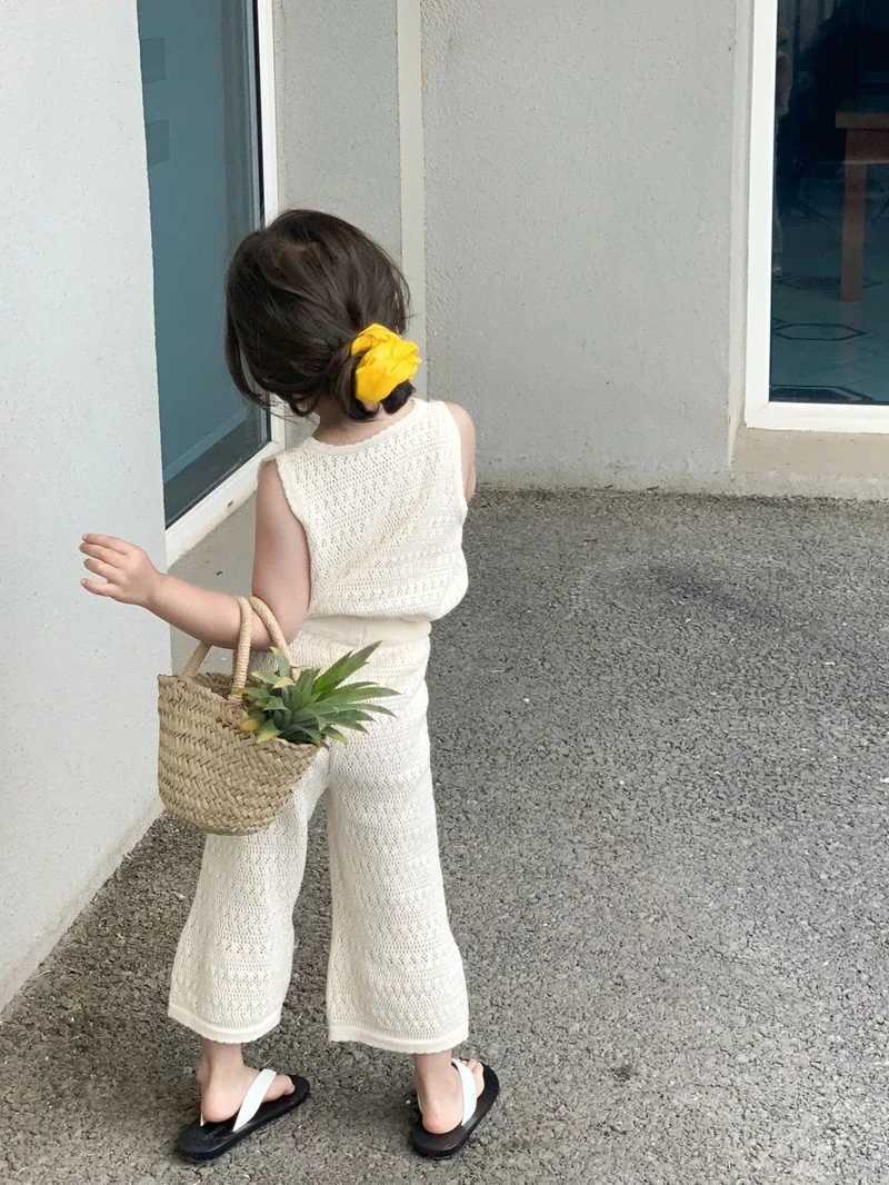 Girls Clothing Set 2024 Summer Korean Thin Knitted Girls Set Childrens Hollow Breathable Tank Top+Wide Leg Pants Two Piece SetT250327