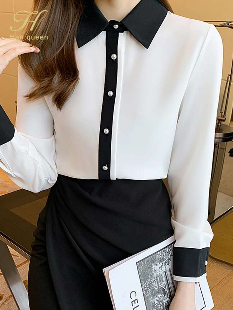 H Han Queen Contrast Color Single Row Pearl Buckle Office Blouse Female Shirt Long Sleeve Casual Tops Autumn Women Loose Blouses