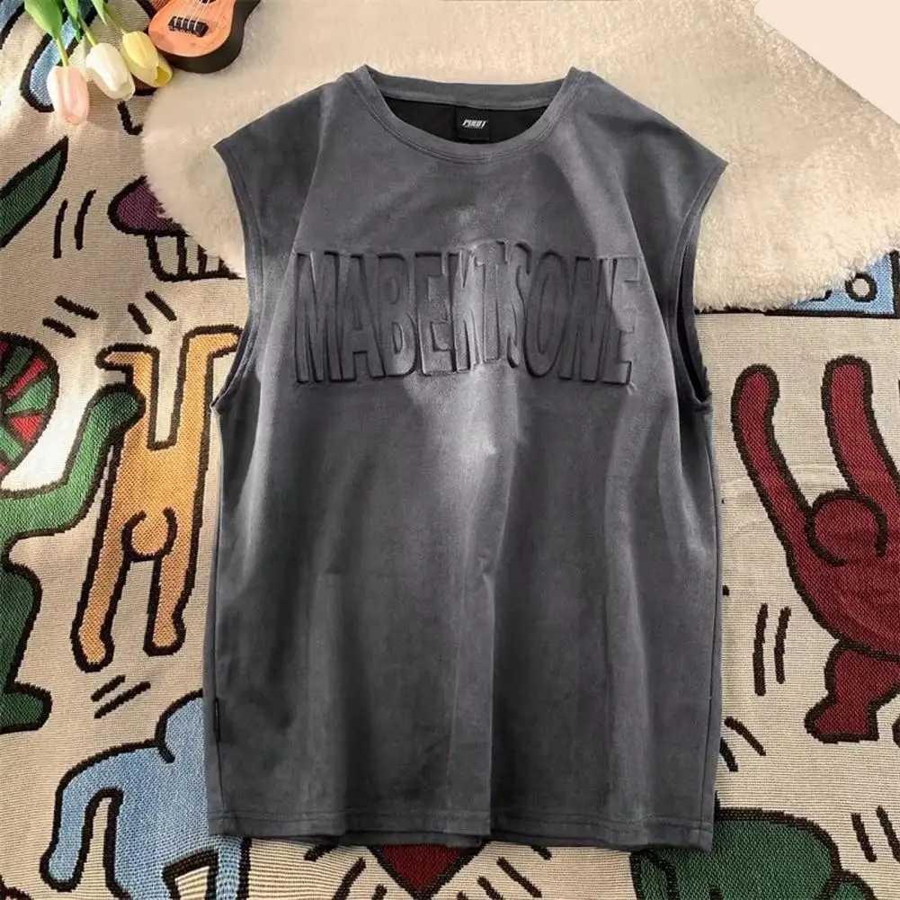 Men Tank Tops For Summer Solid Color O-neck Sleeveless Suede Vest Letter Pattern Pullover Tops Wide Shoulder Straps Male VestT250318