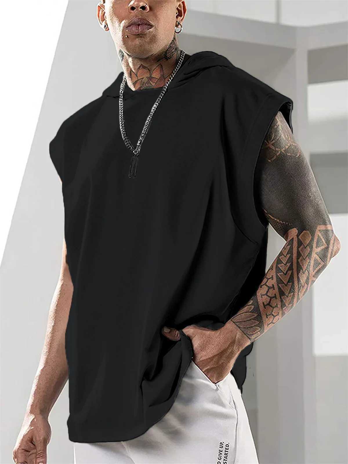 Mens Vest Fashion New Sports Hooded Loose Solid Color Summer Breathable Trend Casual Youth Sleeveless T-shirt TopsT250318