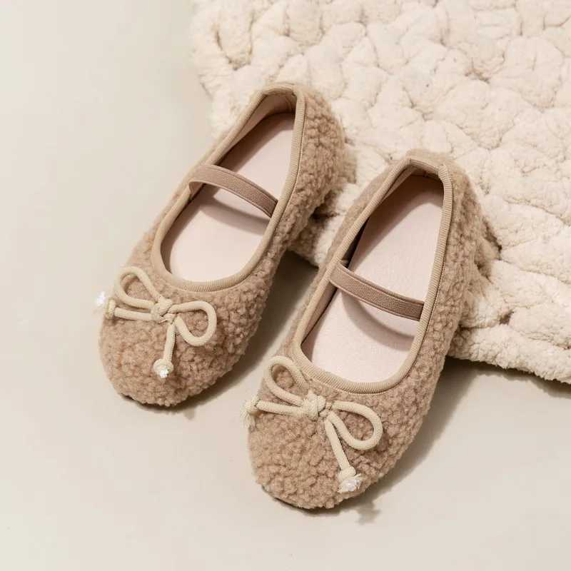 Bowknot Lambswool Ballet Flats Kid Girl Winter Warm Teddy Fur Ballerina Shoes Child Cosy Plush Shallow Loafers with Elastic BandT250306