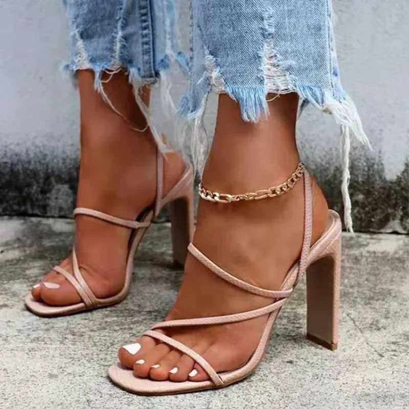 European Trendy Thick Heel Sandals for Wens 2024 Summer New High Heel Design with Fine Strap Sandals Womens Shoes Y250306