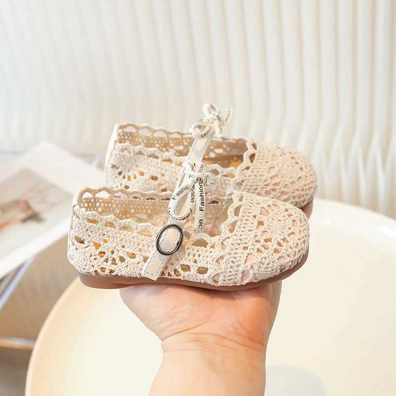Bow Mesh Girls Flats Shoes Hollow Out Lace Solid Kids Princess Shoes Hook Loop Non Slip Toddler Children Fashion ShoesT250306