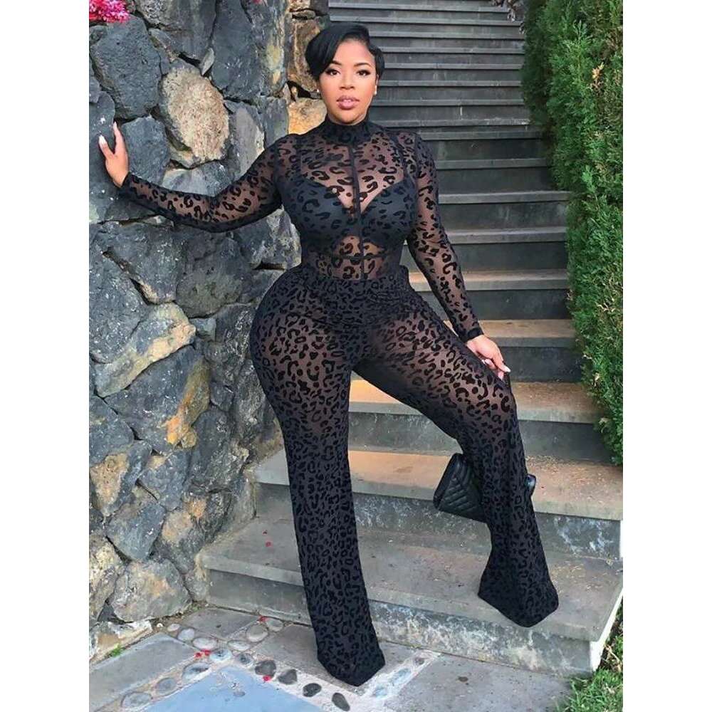 Sibybo Fashion Gauze Jumpsuits Sexy Leopard Print See Through Rompers Casual Basic Long Sleeves Wide Leg Pants Hot Girl Clothing KLMY