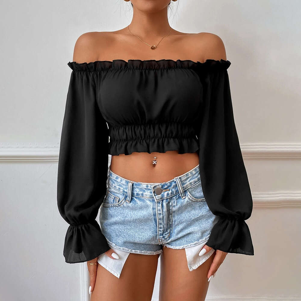 Autumn Sexy Casual Home Collection Waist With Wooden Leaf Edges, Long Sleeve Women's Shirt Top KLMY