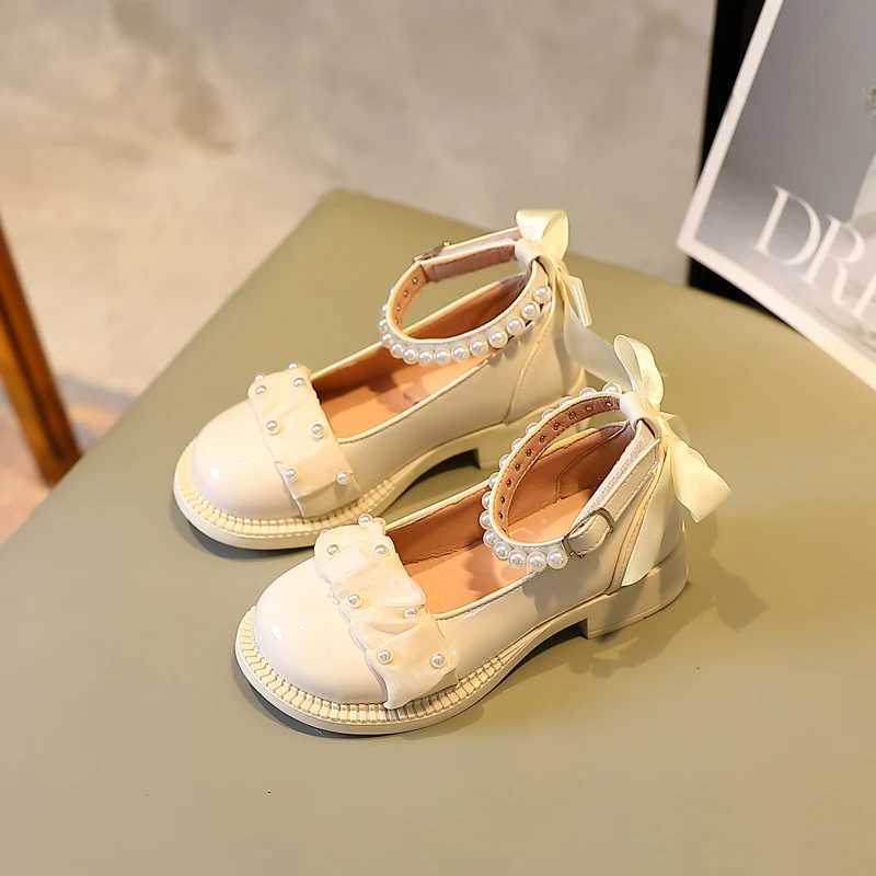 Children Mary Janes Back Riband Ankle Strap Sweet Girls Leather Shoes Round Toe Beading Lovely 26-36 Fashion Kids Autumn ShoesT250306