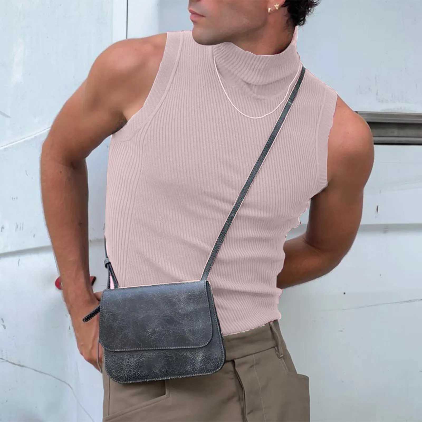 Mens Sexy Turtle Neck Knitted Camisole Sleeveless Vest Fashion Solid Color Sexy Off Shoulder Striped Nightclub Party Tank TopsT250318