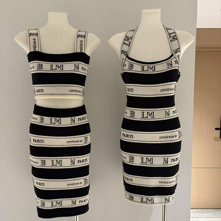 Dress Women dress sexy Designer Knitted Slim Fit Dress Stripe Waistcoat summer Letter Vest Pleated Skirt Outfit Elegant Casual Basic Woman Knits Sets top skirt