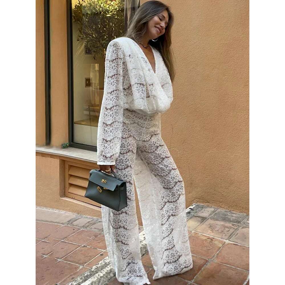 Sibybo Streetwear Lace Sets For Women Sexy Deep V Neck Loose Tops High Waist Wide Leg Pants Two Piece Matching Outfits KLMY