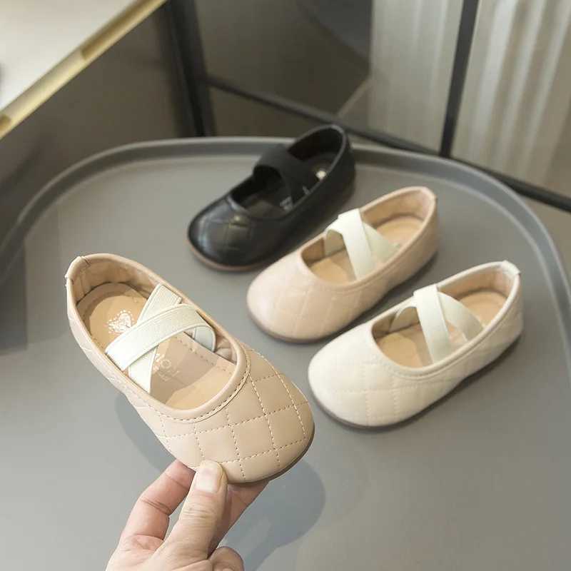 New Princess Plaid Leather Girls Shoes Soft Comfortable Cross Strap Kids Shoes Sweet Wedding Dress Party Flats Mary Jane ShoesT250306
