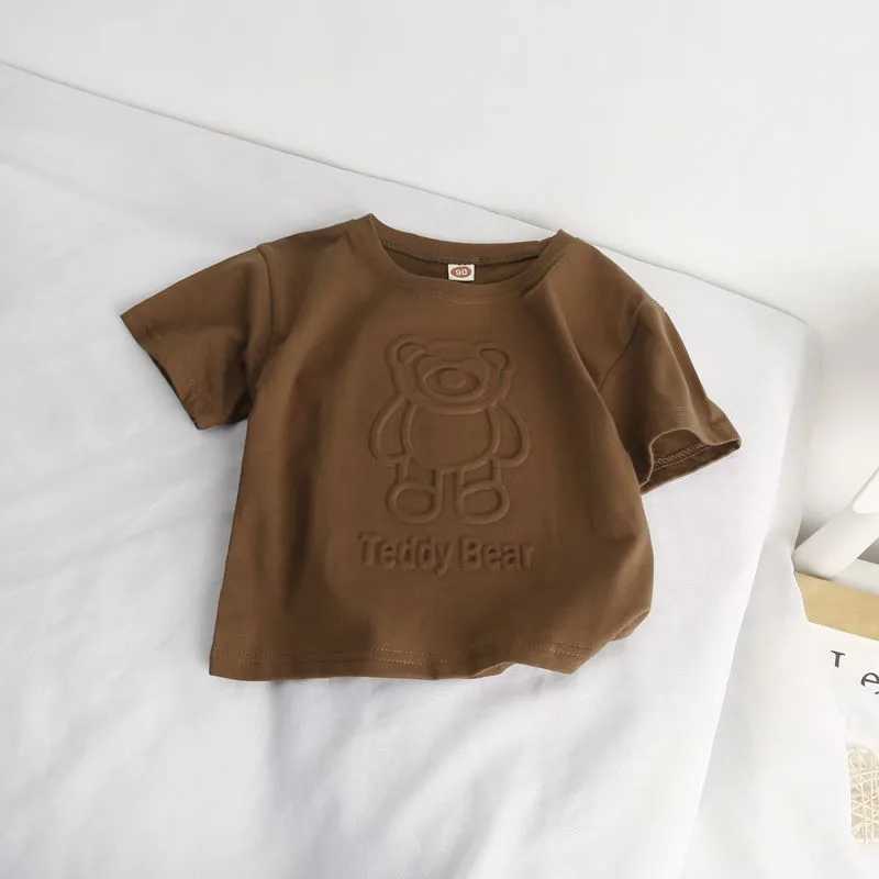 Cute Bear Printed Tops Boys Girls Summer New Clothing TShirt Solid Color Tops Children ThinCasual Loose Crew Neck Pullover ShirtT250306