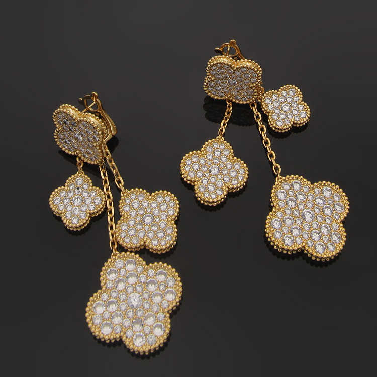 Dangle Chandelier Asian Gold Jewelry 4 Four Leaf Flower Full Diamond Ear Clap Earrings H250306