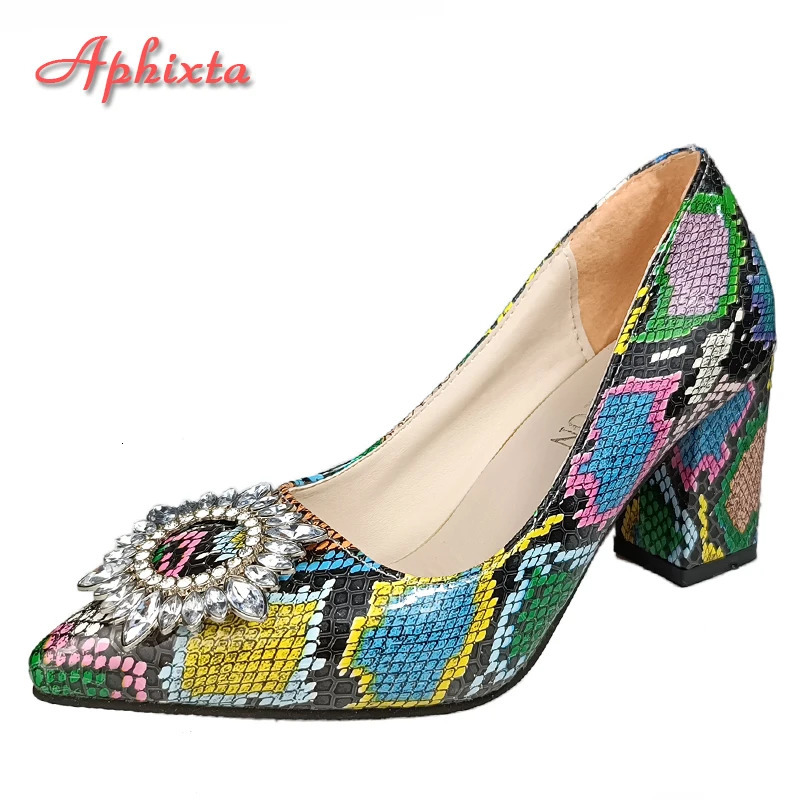 Aphixta Snake Prints 7cm Square Heels Pumps Women Shoes Crystal Pearl Sunflower Buckle Party Leisure Big Szie 35-46 250306