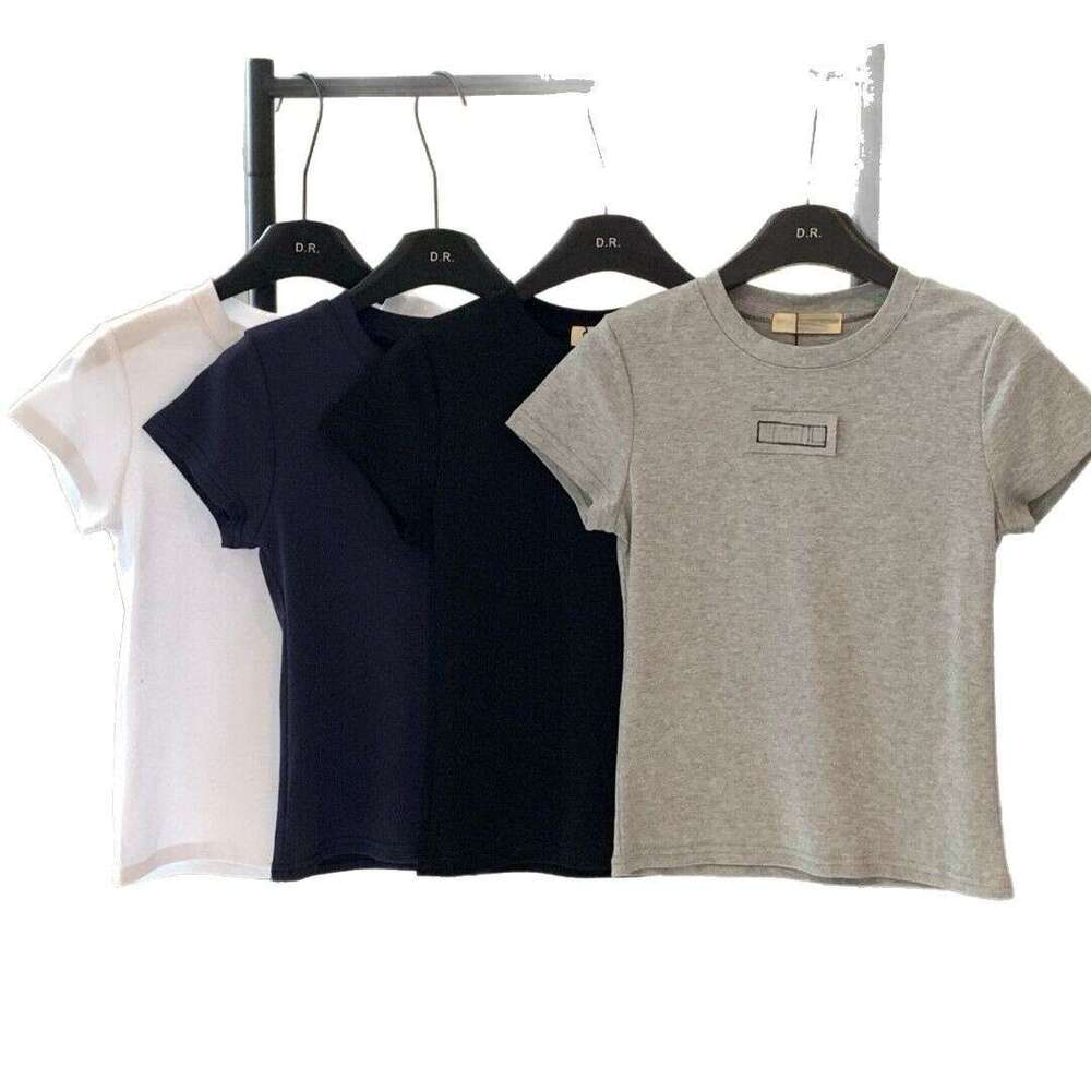 Spring/Summer New Embroidered Simple Shoulder T-Shirt Retro Spicy Girl Style Slim Fit Round Neck Short Sleeve