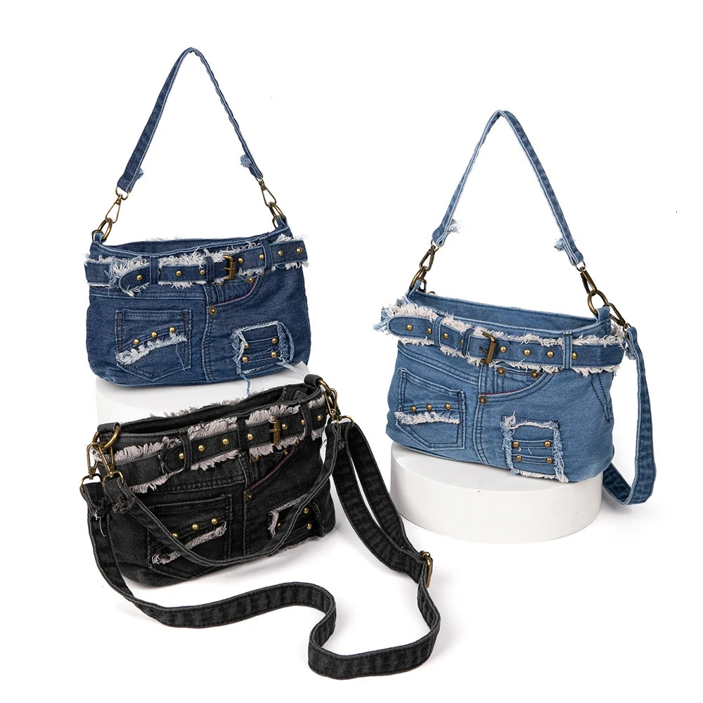 LeisureL Handbag Cool Cowboy Material Jeans Pocket With Metallic Rivets And Buckle Denim Cross Body Bag 250306