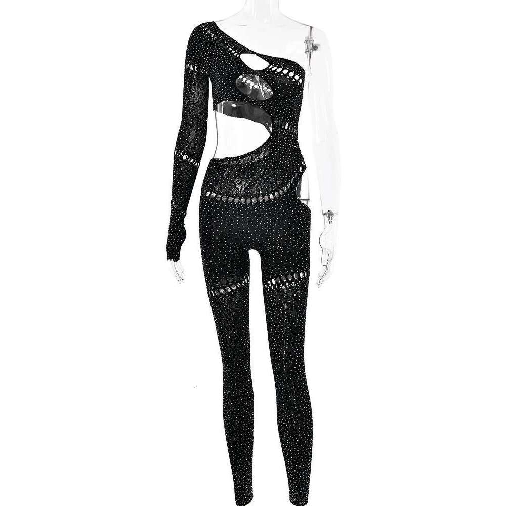 Sibybo Sexy Single Rotator Cuff Hollow Out High Elastic Jumpsuit Luminous Rhies Solid Color Trousers Spicy Girl Streetwear KLMY