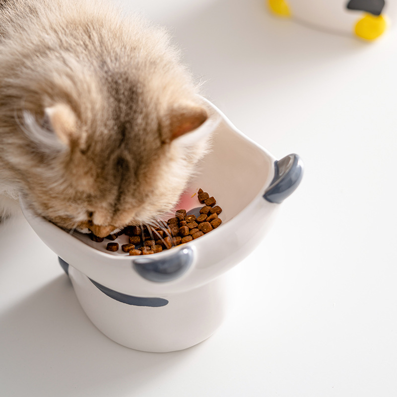 Porcelain Raised Cat Bowl, Cute Little Animals Tilted Cat Food Bowl Elevated Porcelain Pet Bowl Protect Pets Spine, Anti Vomit Prevent Tipping Over J2