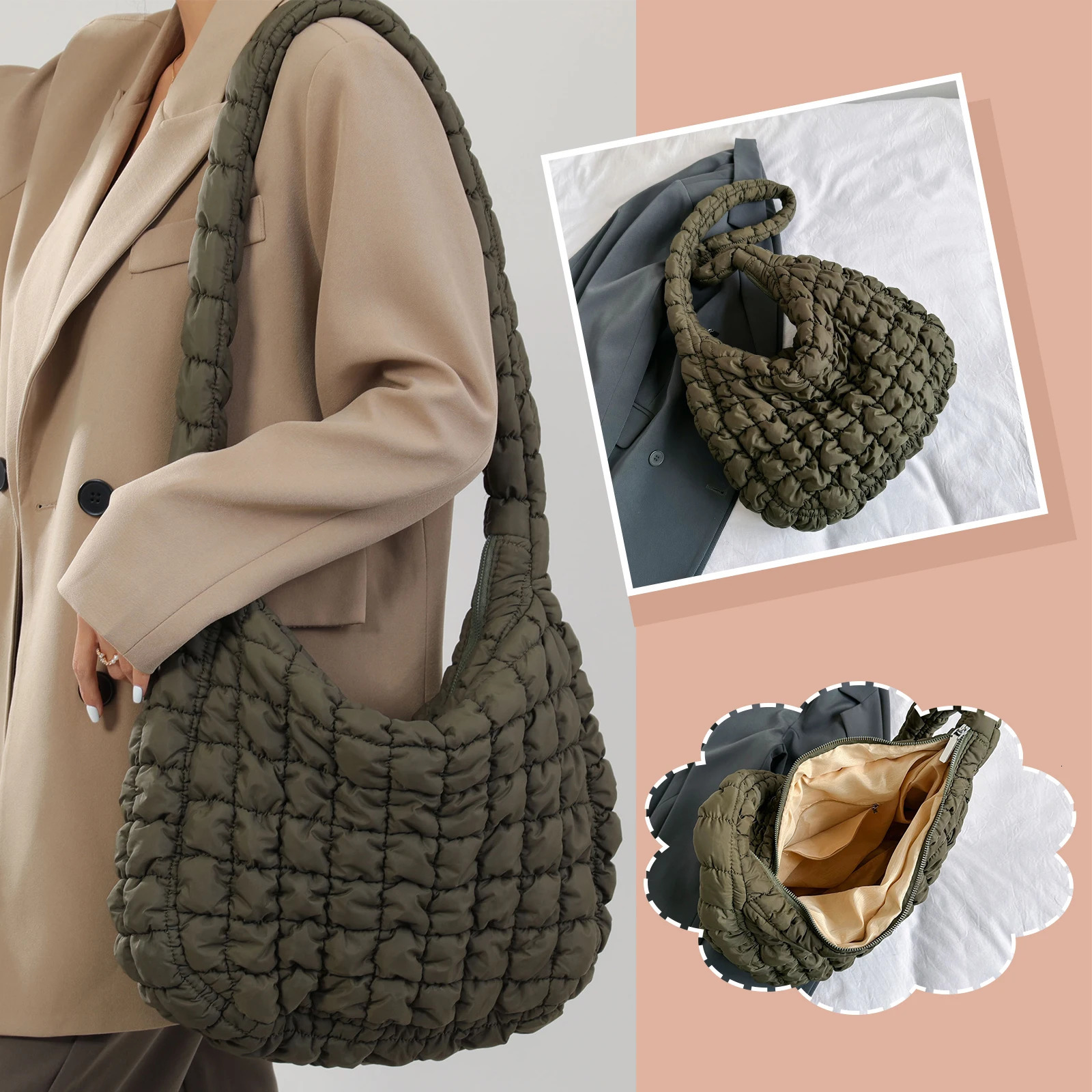Ladies Crossbody Bag Quilted Pleated Satchel Bag Fashion Cloud Bag Women Girl Large Capacity Cotton Padded Tote Bag For Vacation 250306