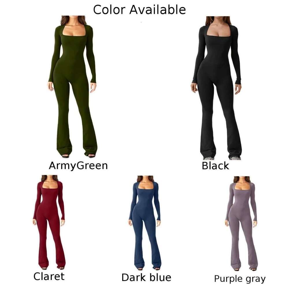 New Women Autumn Long Sleeved Square Neck Slim Fit Flared Bodycon Pants Romper Playsuit Elegant Simple Women's Jumpsuit KLMY