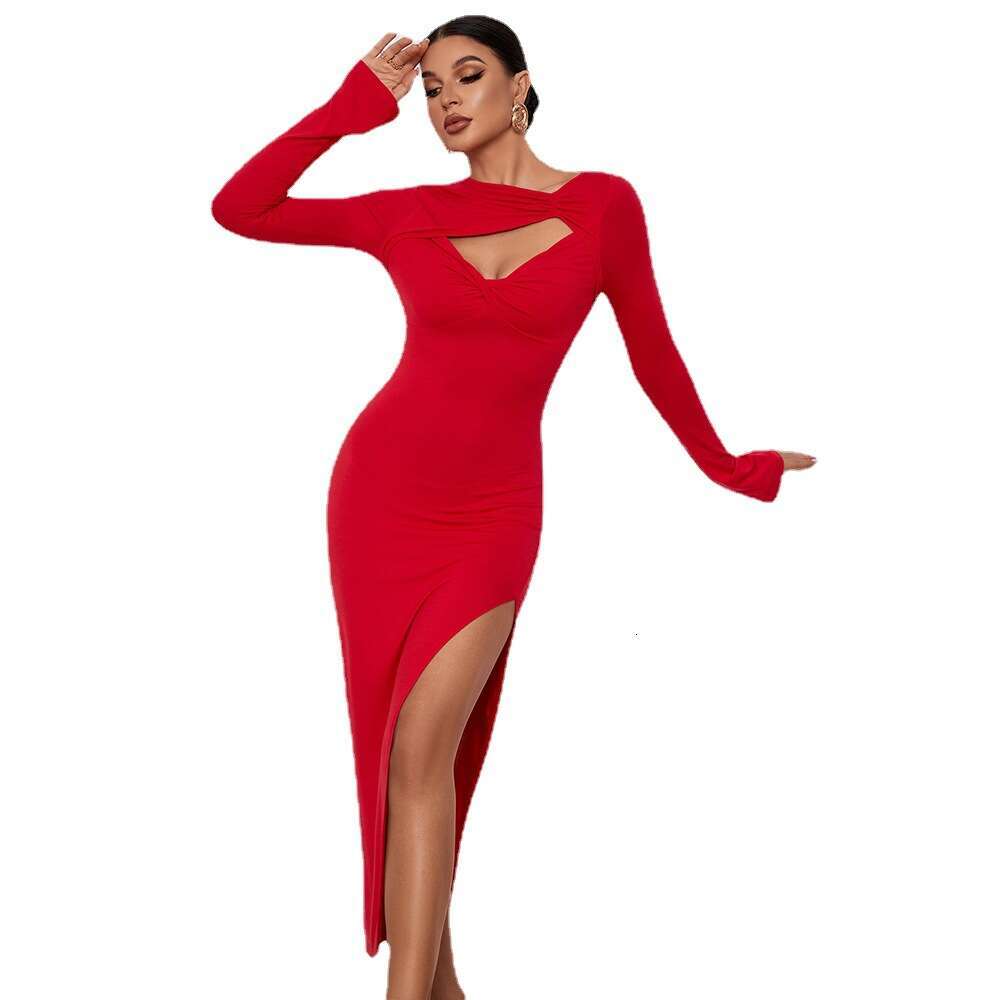 Women's Slim Fit Wrap Hip Tight Skirt Sexy Split Long Sleeve Dress KLMY