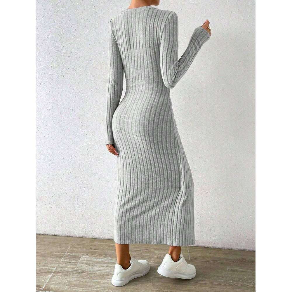 Autumn/Winter New Women's Knitted Grey Irregular Long Dress KLMY